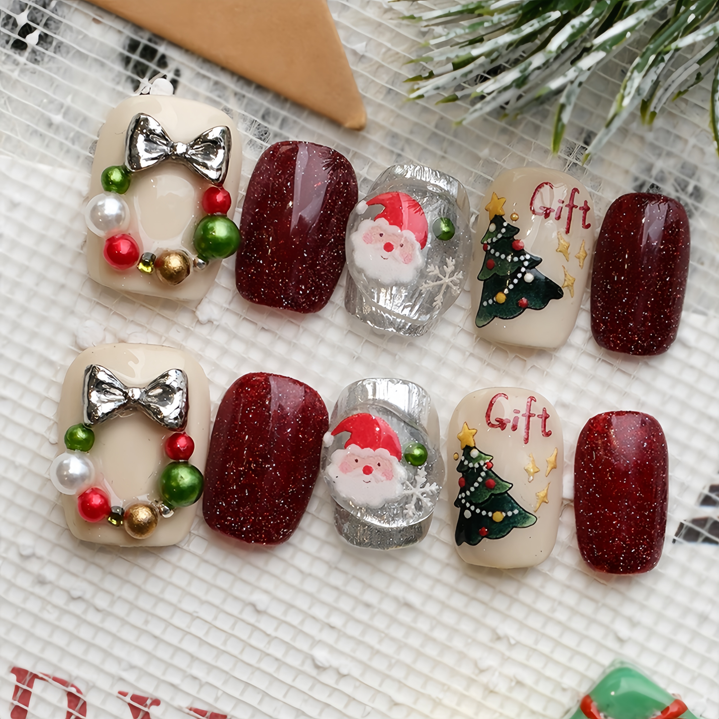 Hand-painted Cartoon Christmas Nail with Pearl  - Medium Square