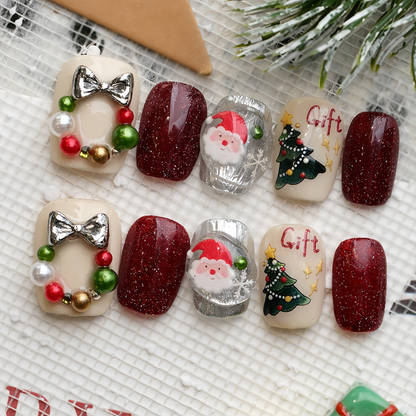 Hand-painted Cartoon Christmas Nail with Pearl  - Medium Square