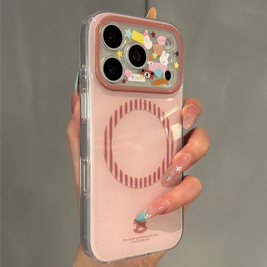 Pastel Pink Cute Bear and Star Magnetic Stand Acrylic Phone Case