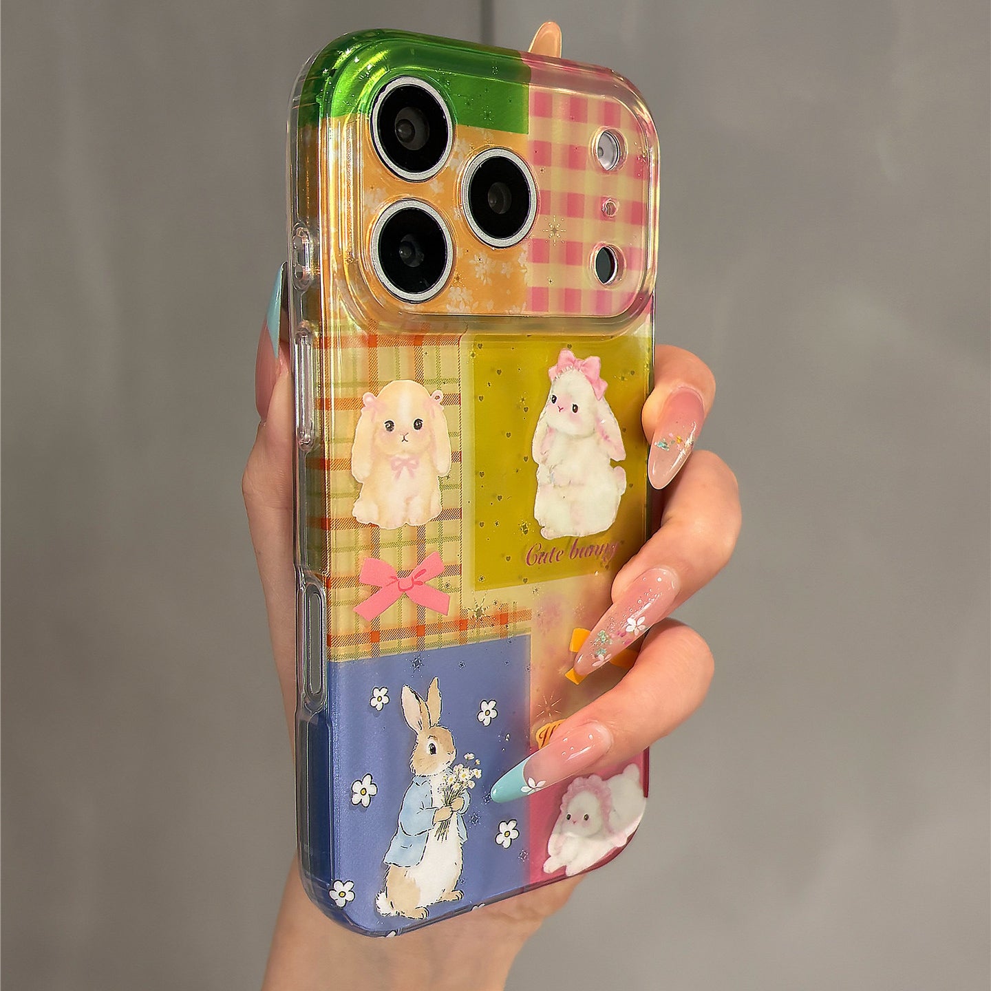 Colorful Grid Floral Bunny Acrylic Phone Case