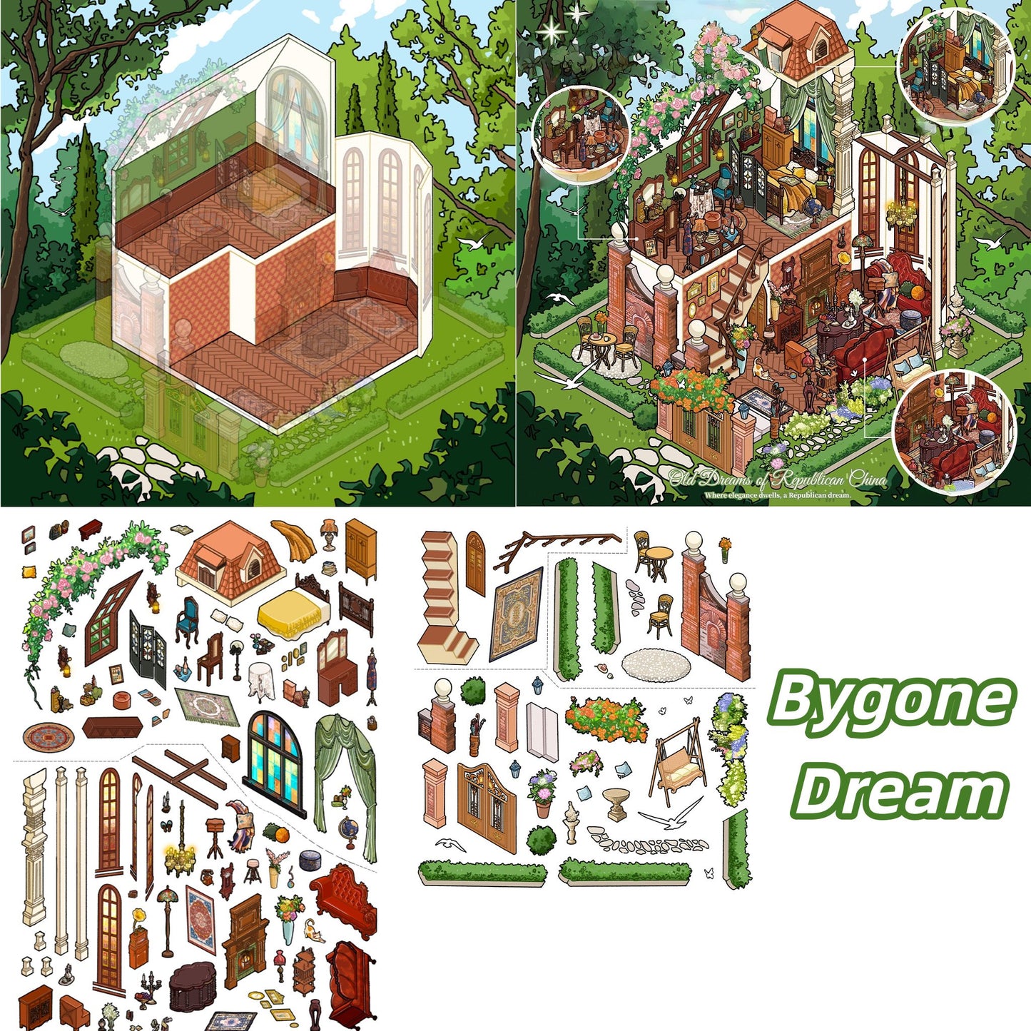 Green Apartment 3D Sticker | 2 Cute Miniature Scenes