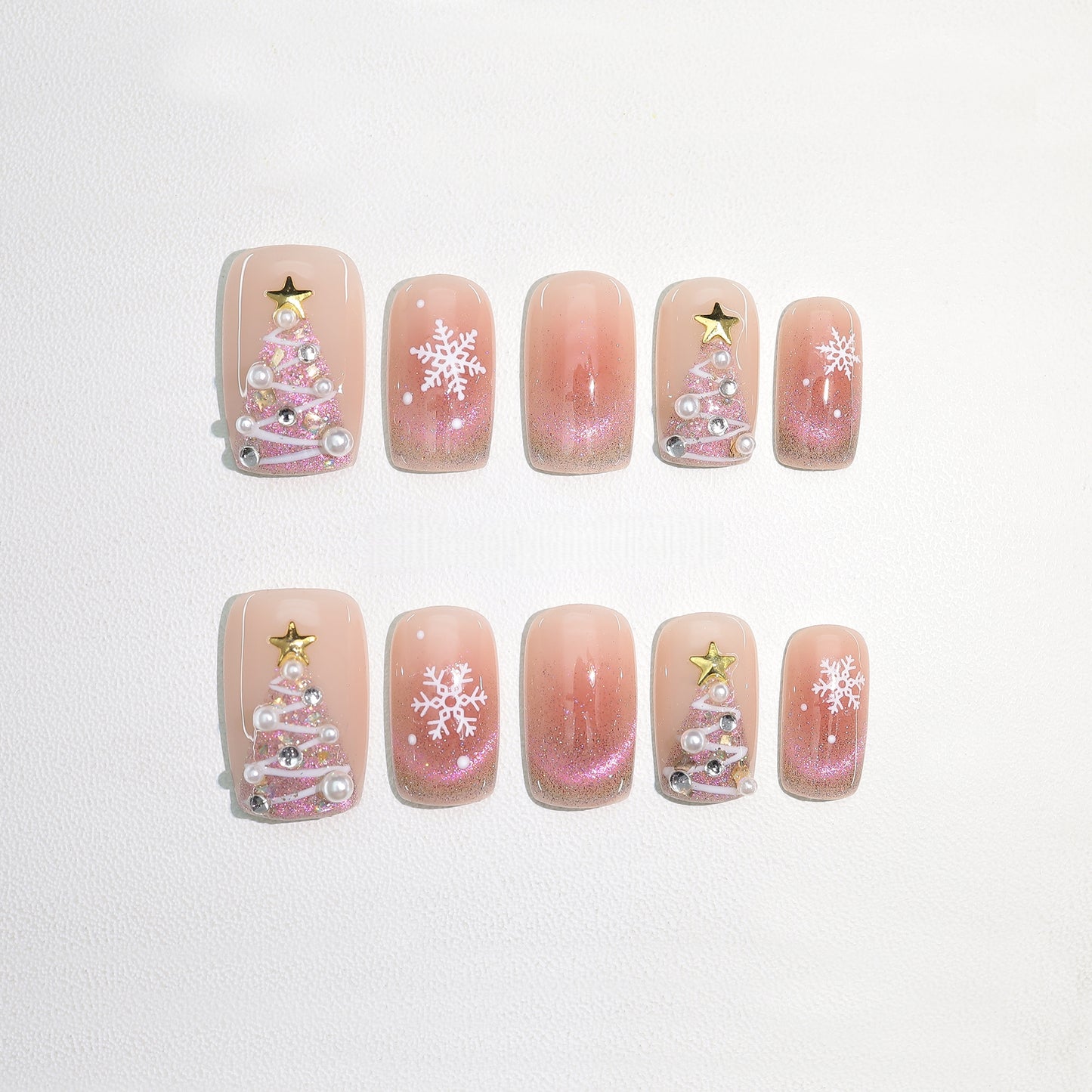 Pink Glided Gold Cat-eye Christmas Nail with Pearl - Medium Square