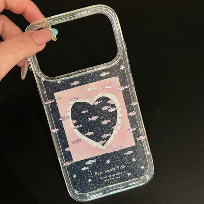 Girl Pink Hollow Heart Gilt Goldfish Acrylic Phone Case