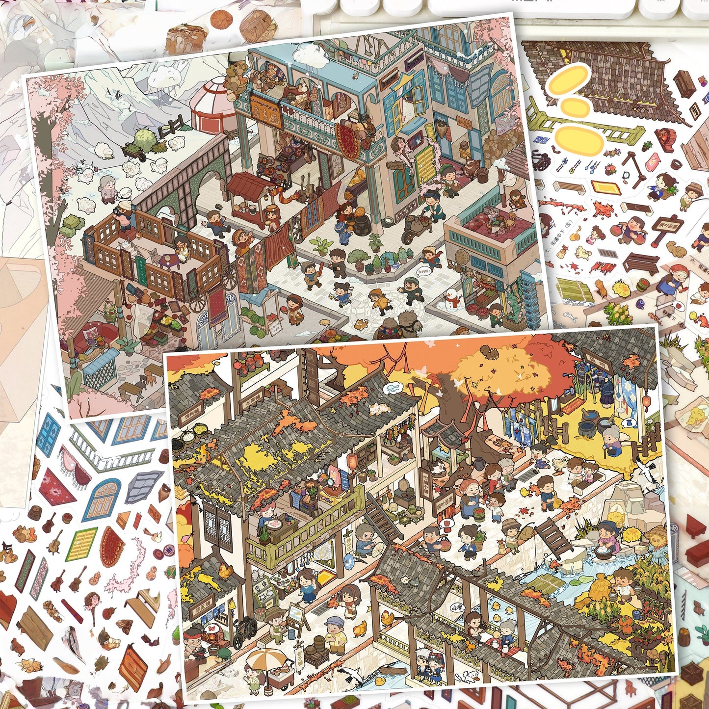 Chinese Town 3D Sticker | 2 Cute Miniature Scenes