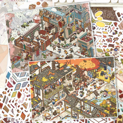 Chinese Town 3D Sticker | 2 Cute Miniature Scenes