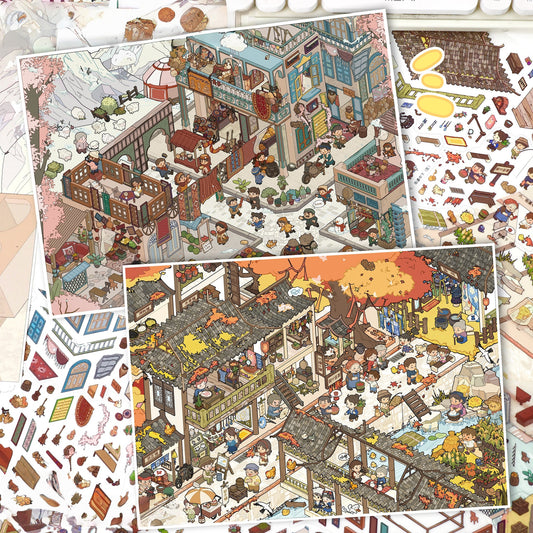 Chinese Town 3D Sticker | 2 Cute Miniature Scenes