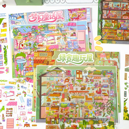 Grid House 3D Sticker | 2 Cute Miniature Scenes