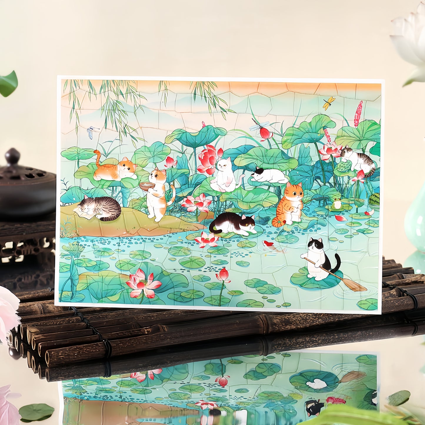 Cat and Lotus 3D Sticker | 2 Cute Miniature Scenes
