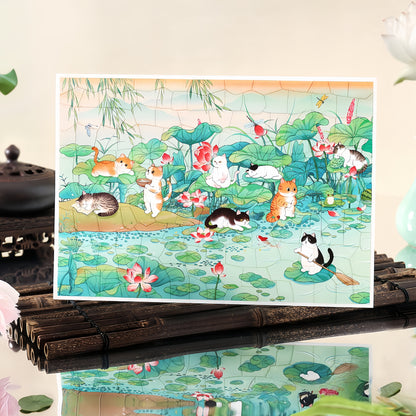 Cat and Lotus 3D Sticker | 2 Cute Miniature Scenes