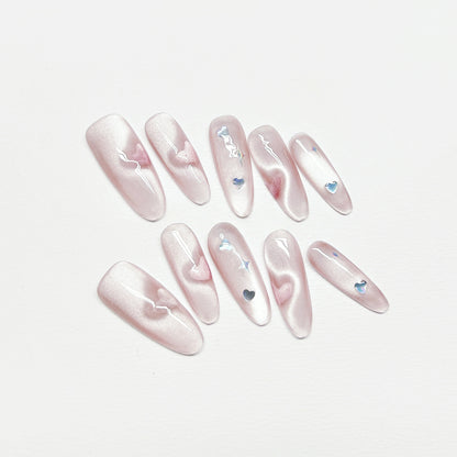 Pink Heart Cat-eye Nail - Long Almond