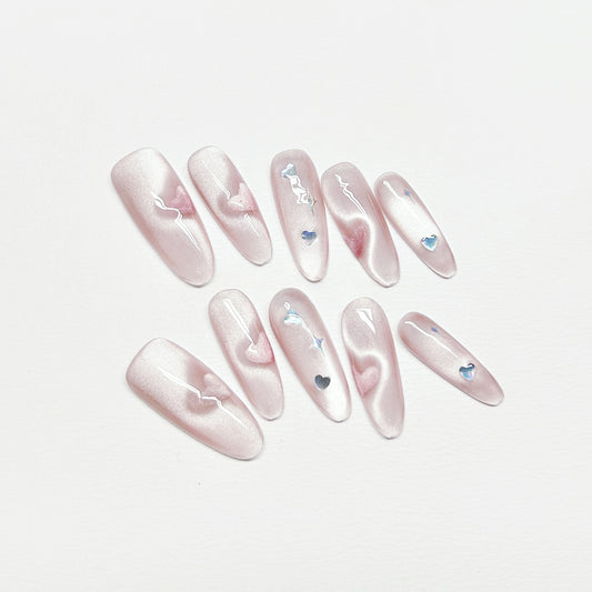 Pink Heart Cat-eye Nail - Long Almond