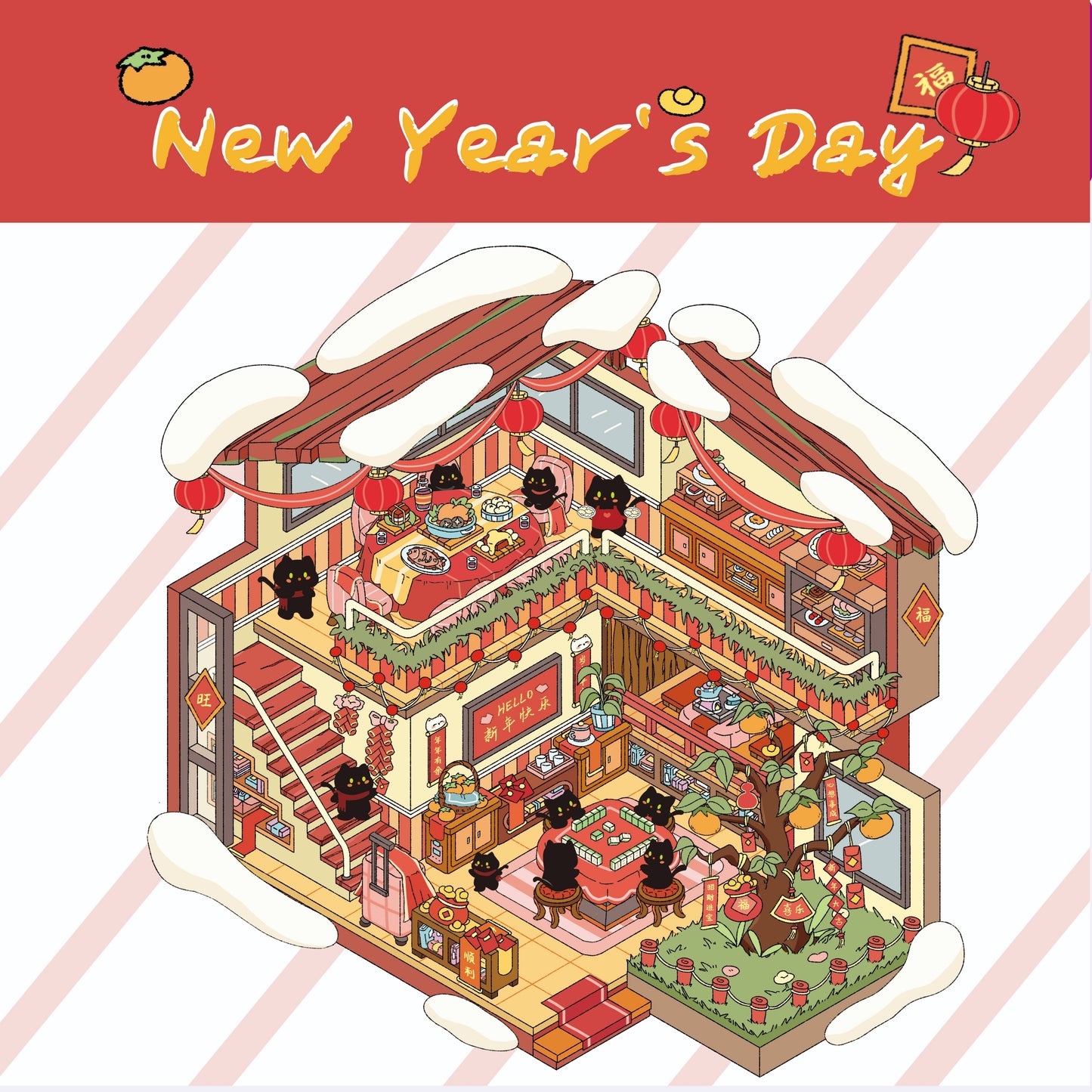 Cat's Celebration 3D Sticker | 2 Cute Miniature Scenes