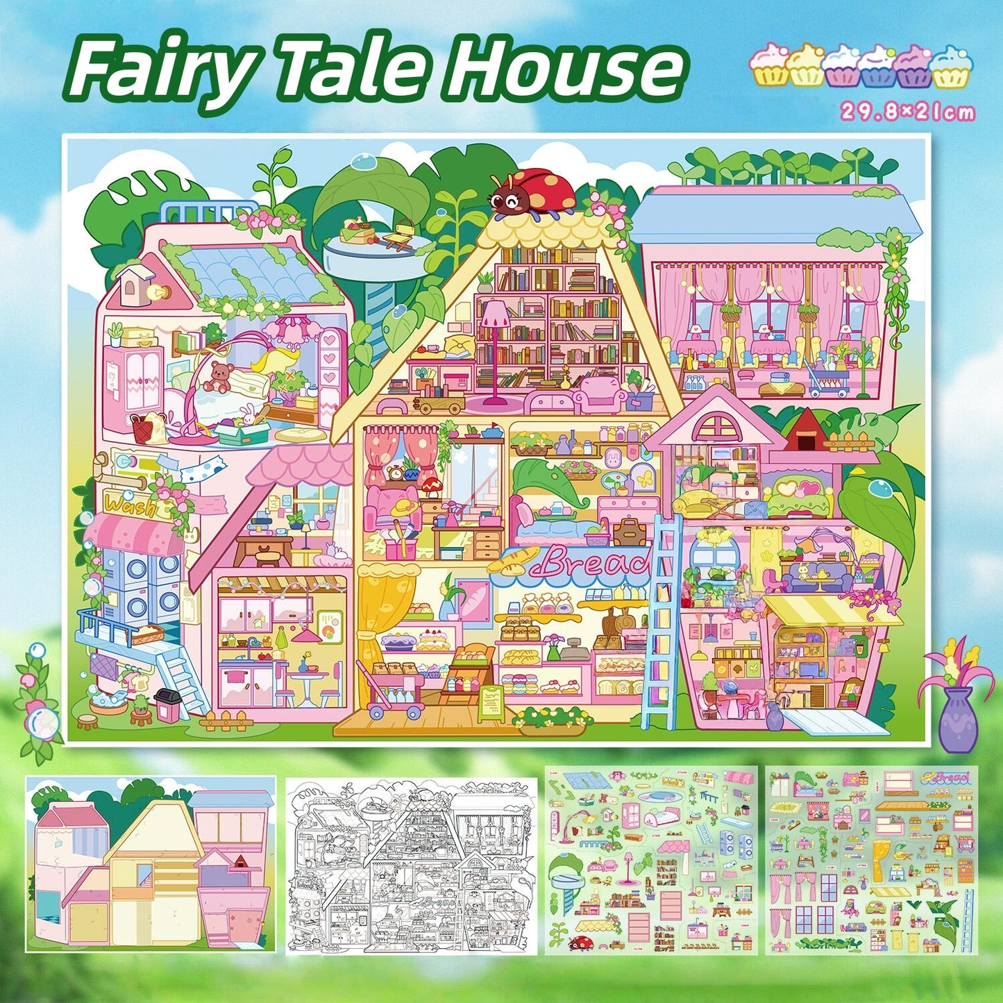 Grid House 3D Sticker | 2 Cute Miniature Scenes