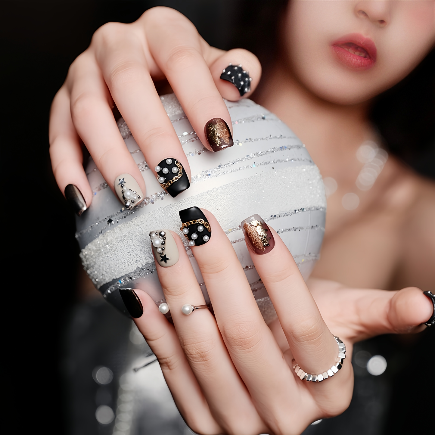 Black Matte Hand-painted Christmas Nail with Pearl  - Medium Square