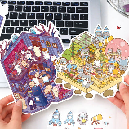 Cute Cartoon 3D Sticker | 4 Cute Miniature Scenes
