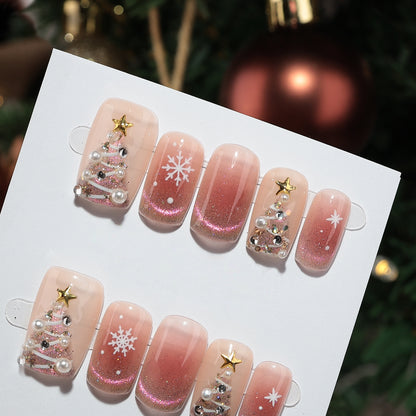 Pink Glided Gold Cat-eye Christmas Nail with Pearl - Medium Square