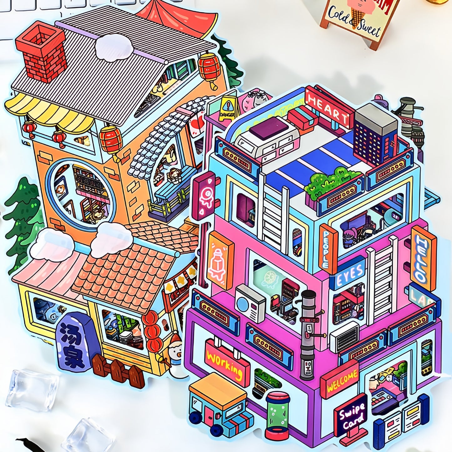 Flip Building 3D Sticker | 2 Cute Miniature Scenes