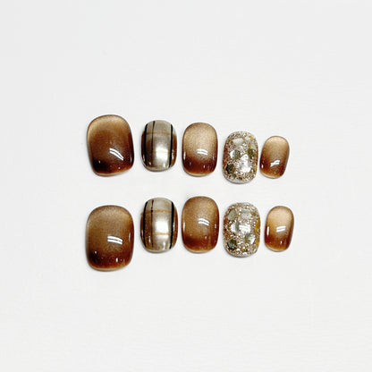 Golden Checked Cat-eye Nail - Medium Square