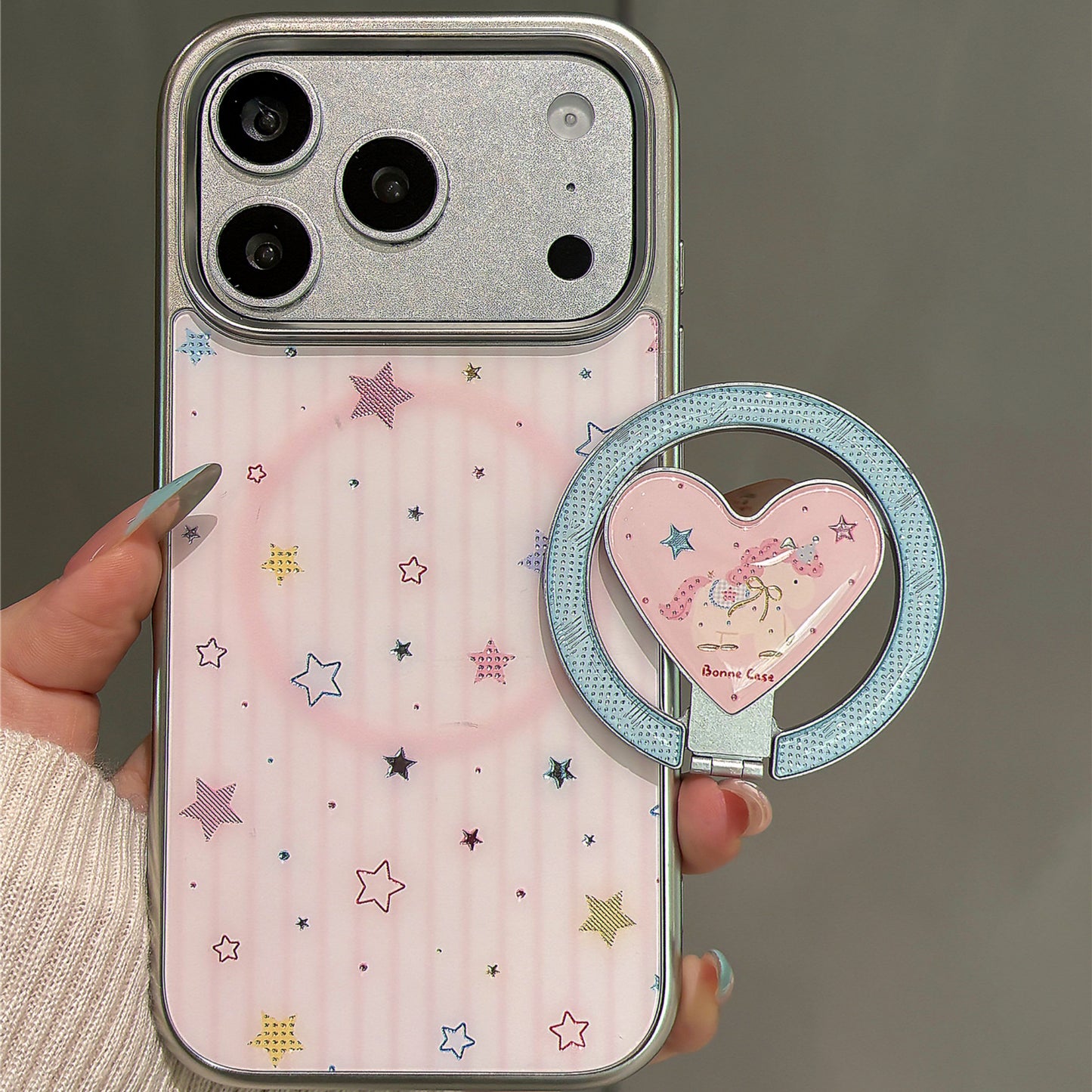 Pink Striped Star Gilt Magnetic Stand Acrylic Phone Case