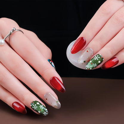 Shinny Cartoon Cat-eye Christmas Nail with Gem - Medium Almond