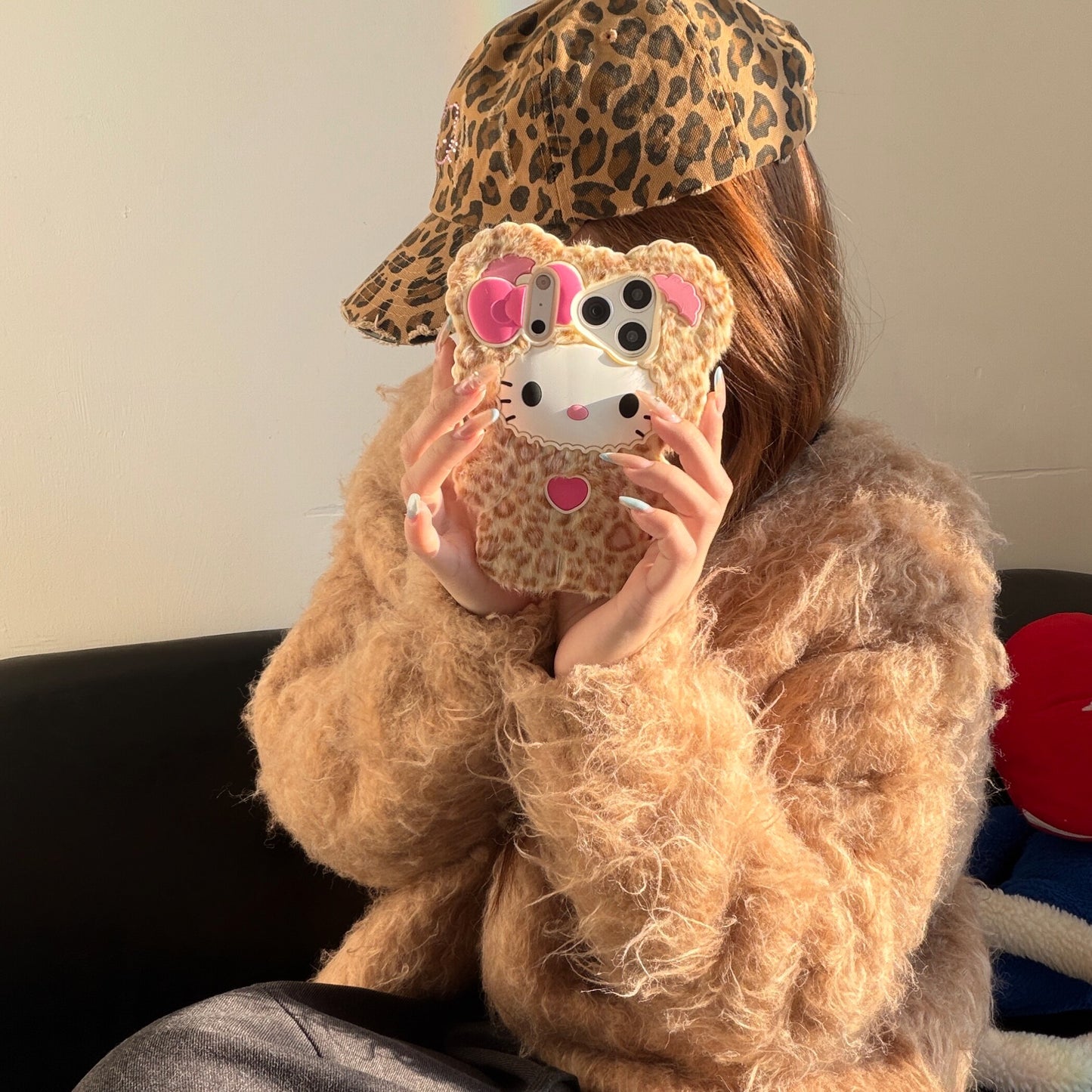 Leopard Print Cat Fluffy Phone Case