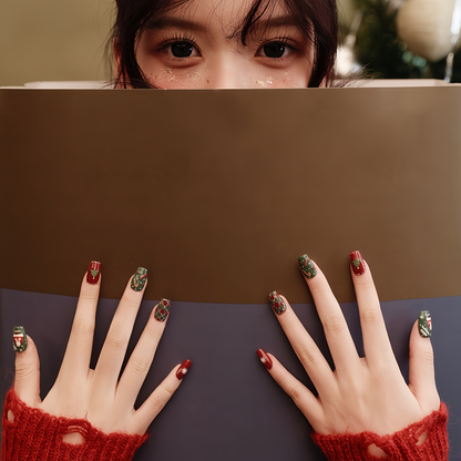 Hand-painted Cartoon Christmas Nail - Medium Square