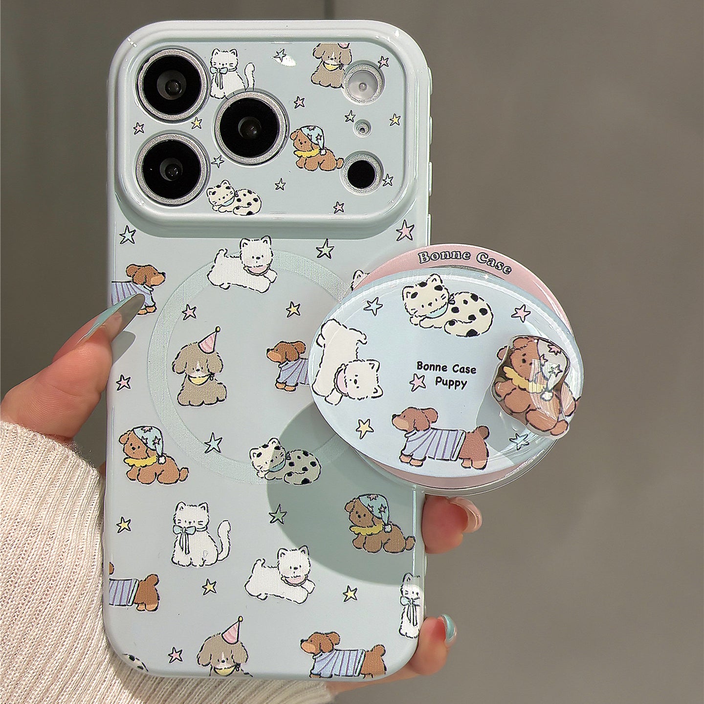 Haze Blue Cartoon Puppy Magnetic Stand Acrylic Phone Case