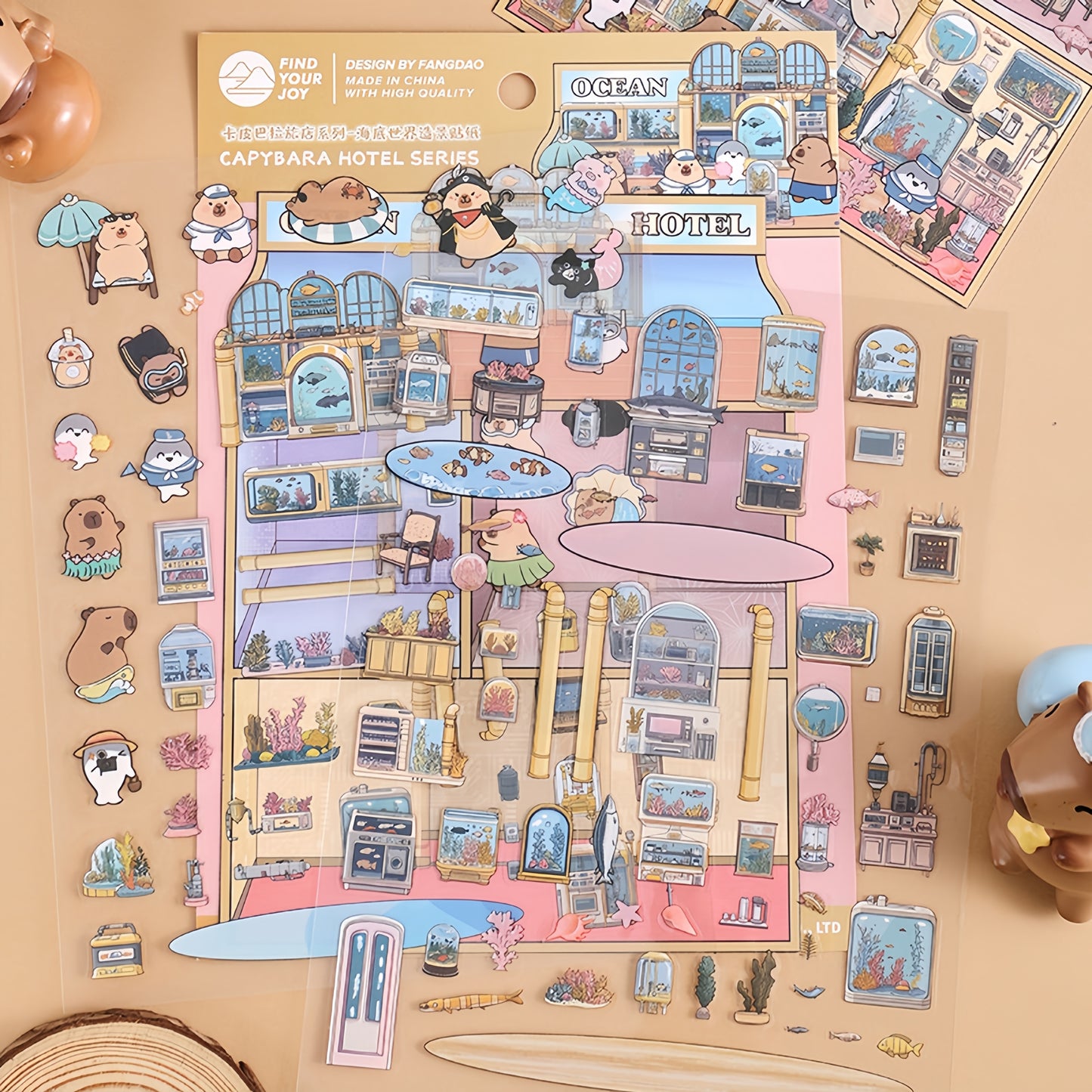 Capybara Hotel 3D Sticker | 4 Cute Miniature Scenes