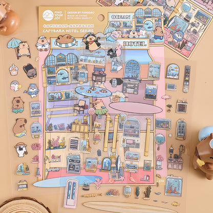 Capybara Hotel 3D Sticker | 4 Cute Miniature Scenes