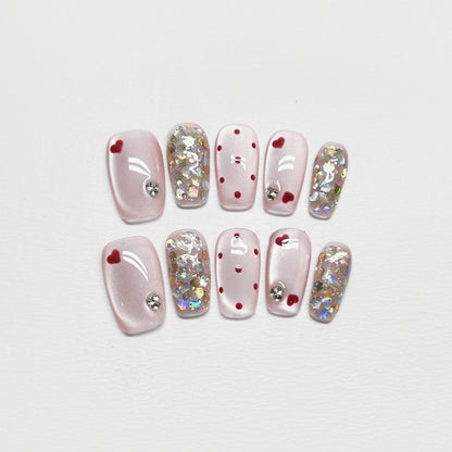 Pink Cat-Eye Polka Dot French Nails with Diamond - Medium Square