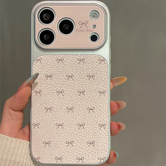 Lychee Grain Pink Bow Faux Leather Phone Case