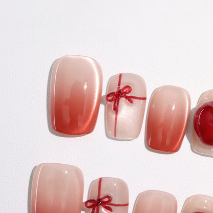 Red Gradient Cay-eye Christmas Nail - Medium Square/Short Almond