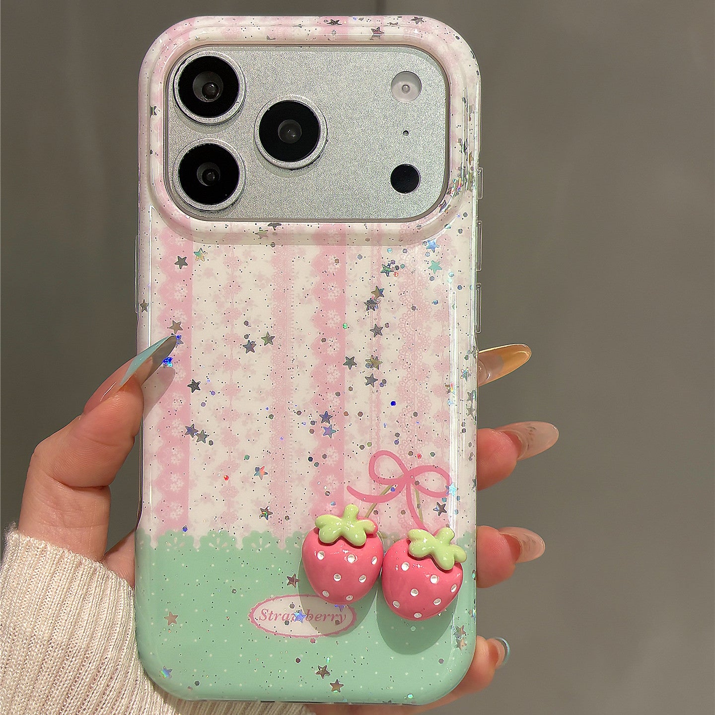 Pink Striped 3D Strawberry Acrylic Phone Case