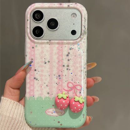Pink Striped 3D Strawberry Acrylic Phone Case