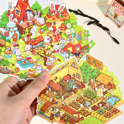 Bunny's Easter Daily 3D Sticker | 4 Cute Miniature Scenes