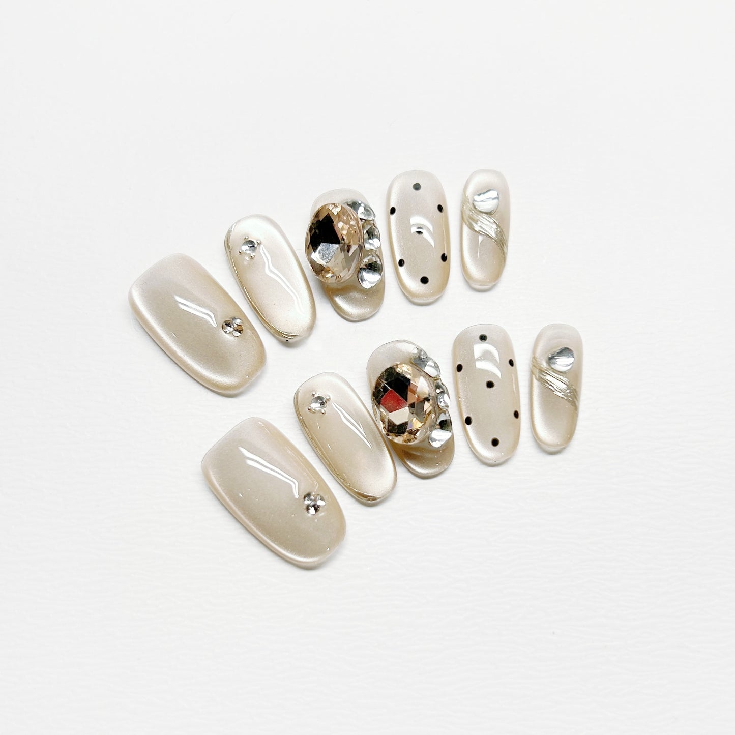 White Cat-Eye Polka Dot French Nails with Diamond - Medium Square