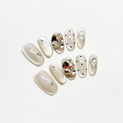 White Cat-Eye Polka Dot French Nails with Diamond - Medium Square