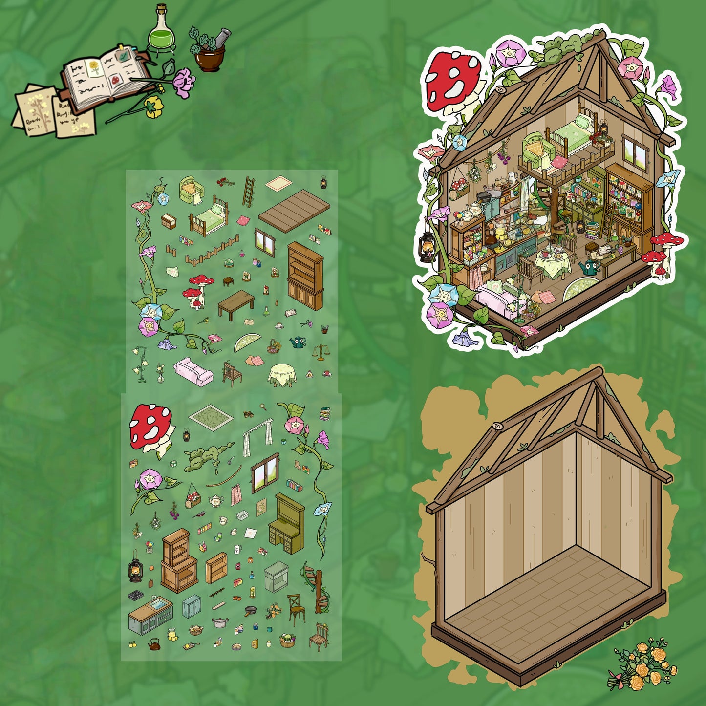 Avocado Green Cottage 3D Sticker | 3 Cute Miniature Scenes