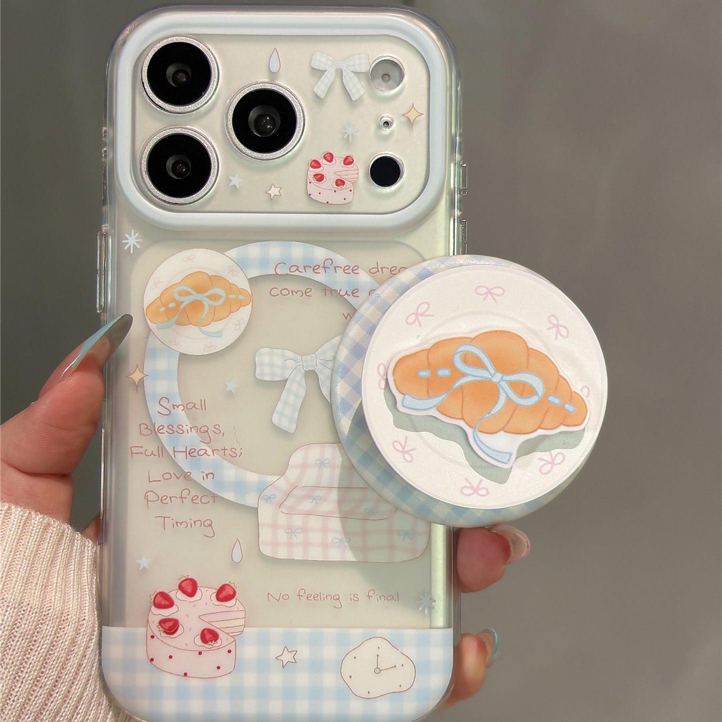 Blue Plaid Bow Strawberry Cake Magnetic Stand Acrylic Phone Case