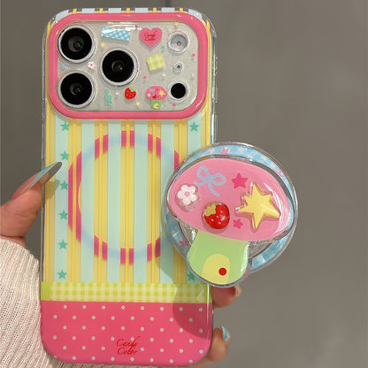 Pink and Yellow Striped Mushroom Magnetic Stand Acrylic Phone Case