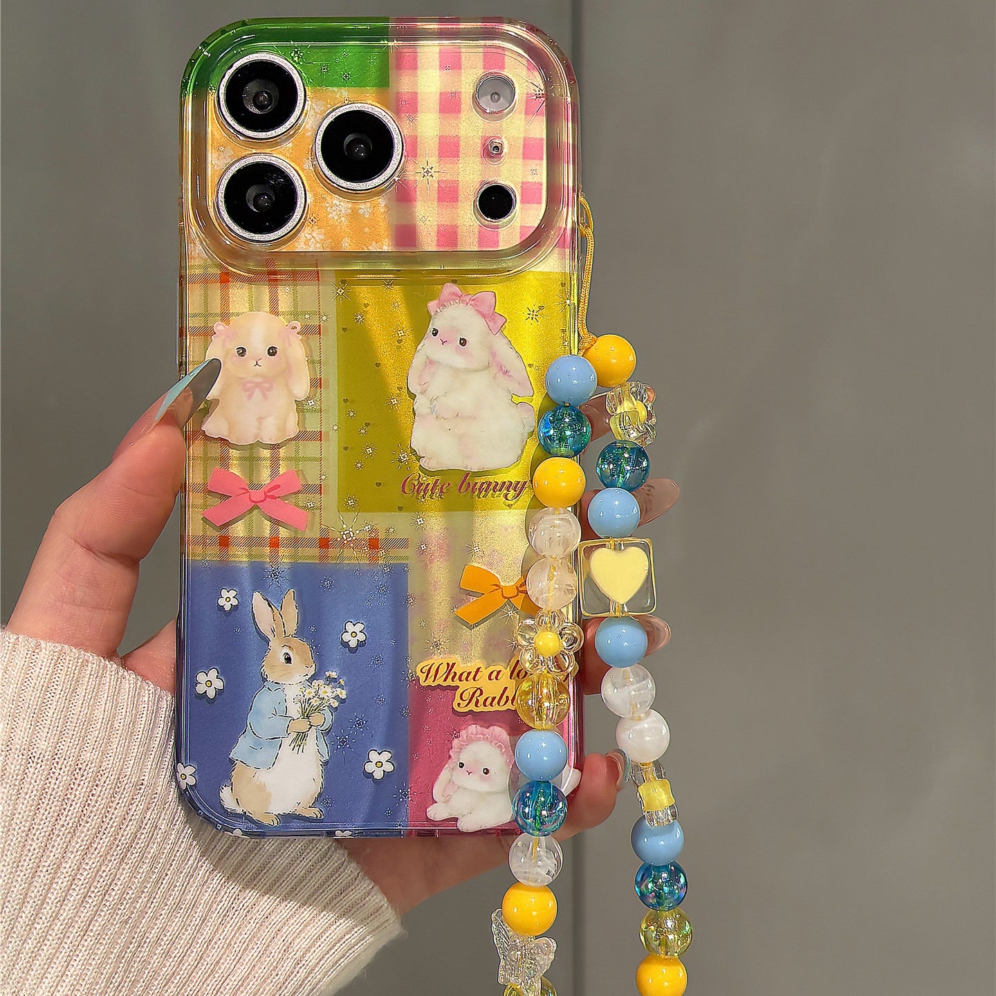 Colorful Grid Floral Bunny Acrylic Phone Case