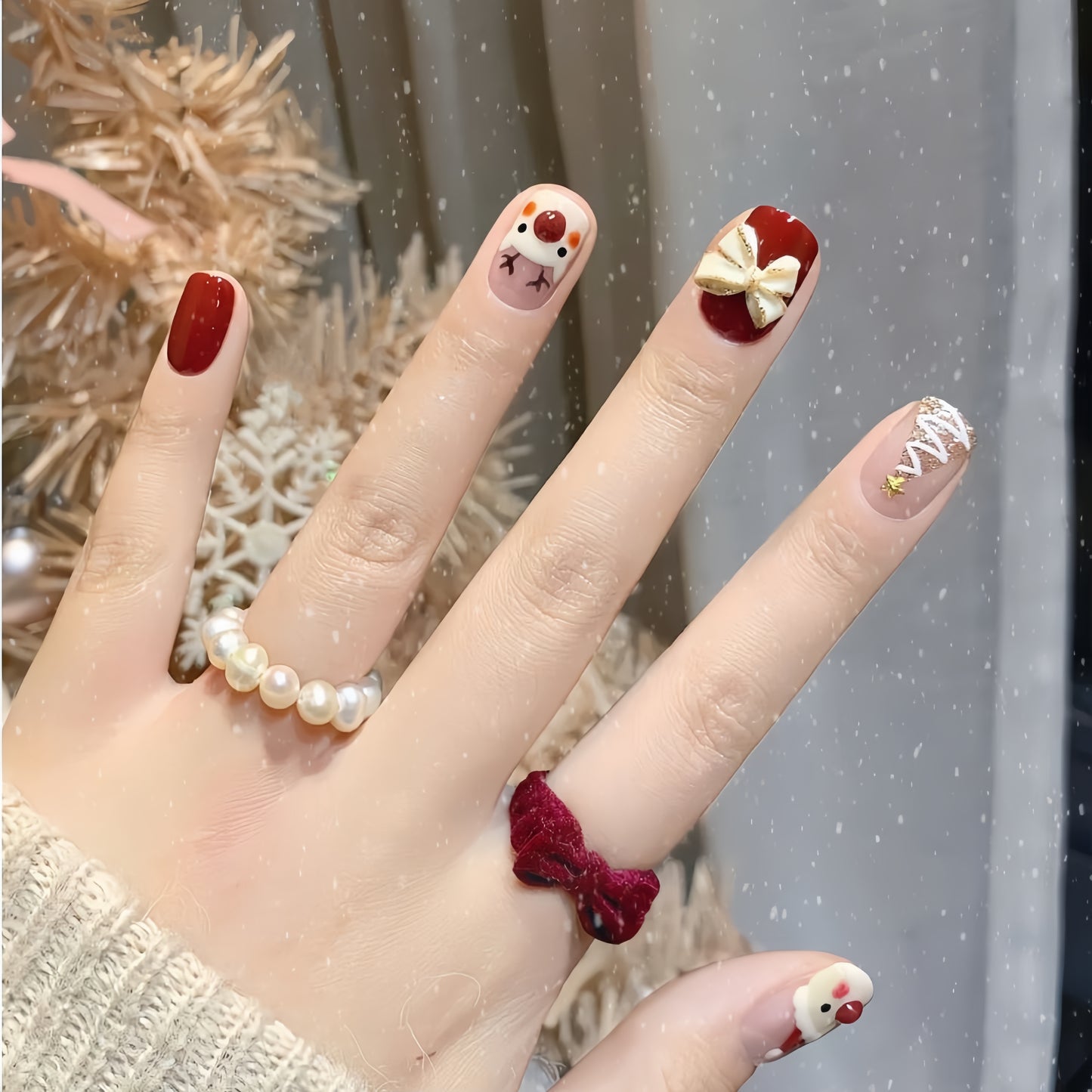 Hand-painted Cartoon Christmas Nail - Medium Square
