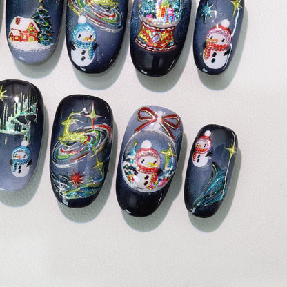 Blue Gradient Hand-painted Cartoon Christmas Nail - Medium Almond