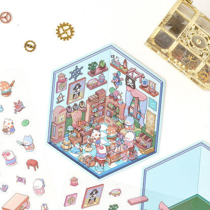 The Cat's Secret Room 3D Sticker | 4 Cute Miniature Scenes