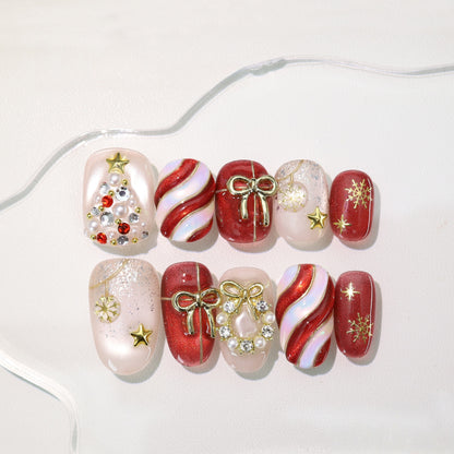 Red Glided Gold Christmas Nail with Diamond/Pearl - Medium Square/Short Almond