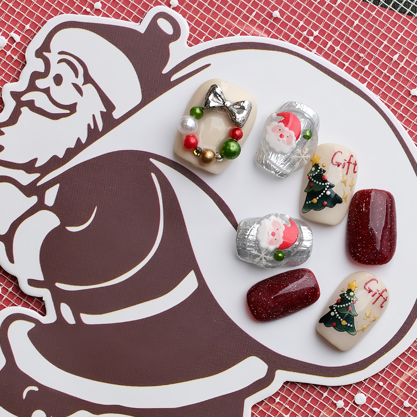 Hand-painted Cartoon Christmas Nail with Pearl  - Medium Square