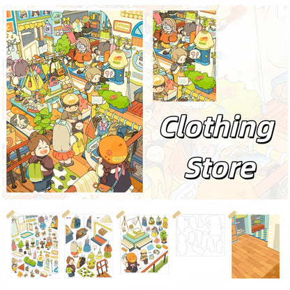 Busy Shop 3D Sticker | 4 Cute Miniature Scenes