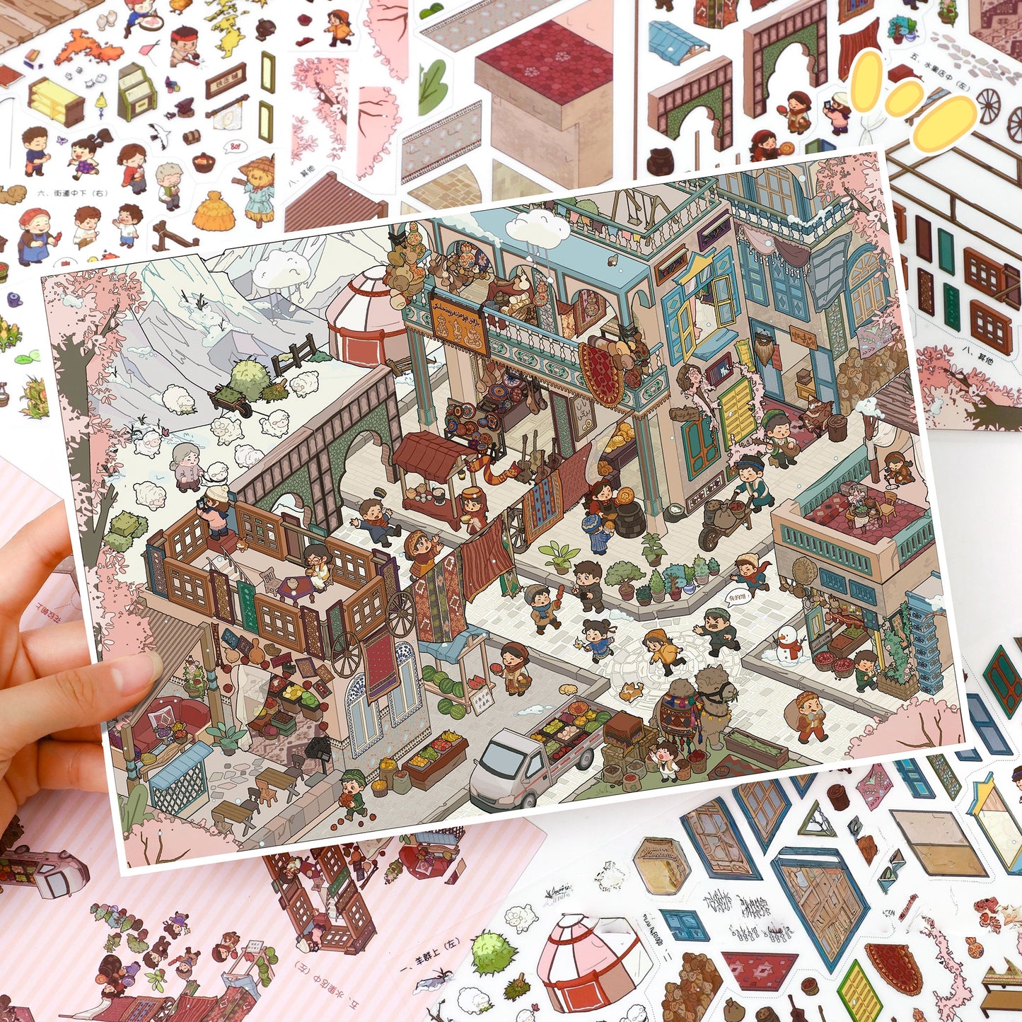 Chinese Town 3D Sticker | 2 Cute Miniature Scenes