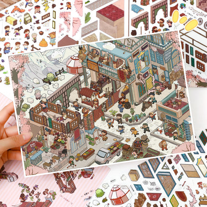 Chinese Town 3D Sticker | 2 Cute Miniature Scenes
