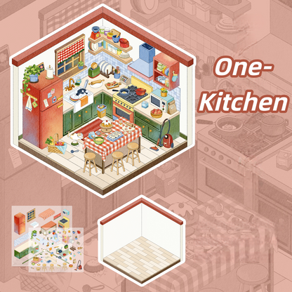 One-bedroom Apartment 3D Sticker | 4 Cute Miniature Scenes